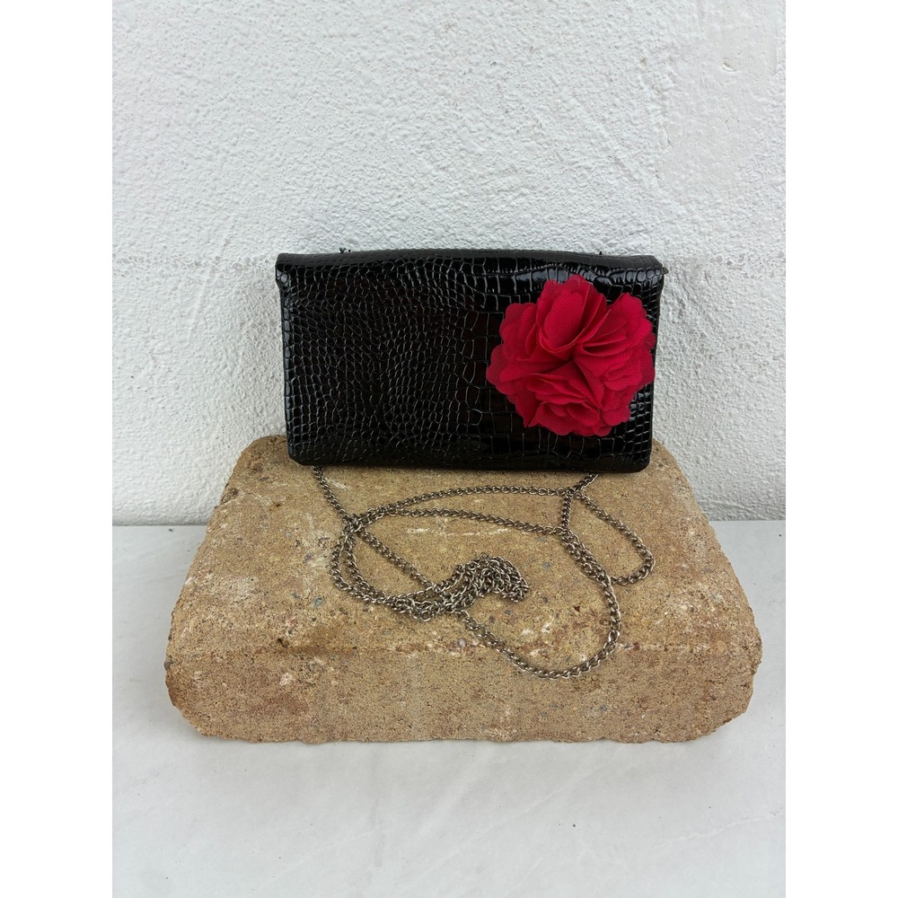 White House Black Market Black Croc Embossed Clutch Red Flower Evening Bag Chain